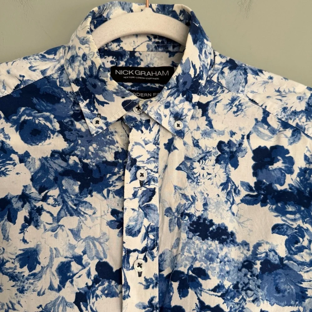 Nick Graham 100% Cotton Modern Fit Blue White Floral Men's Button Down Shirt - Picture 7 of 14